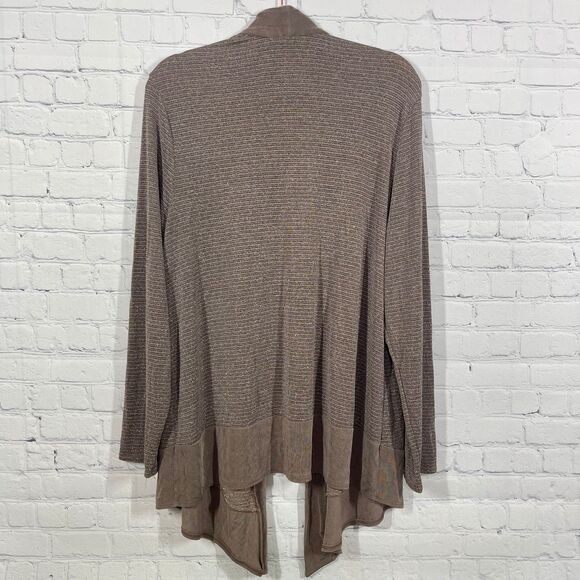 Chicos Travelers Cardigan Women XL Tan Glitter Slinky Flowy Office Preppy Duster - Picture 2 of 12